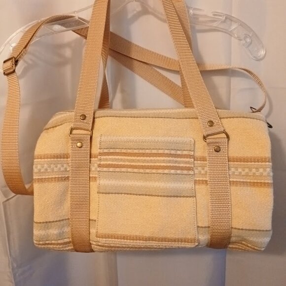 New Canvas Upholstery Mini Duffle Travel Bag Tan Sage embroidered Shoulder Cross - Picture 2 of 9